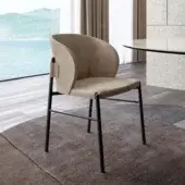 Refined Dallagnese Supernova chair upholstered in muted taupe fabric or leather with a dark matte gray metal frame and curved backrest