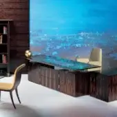 Distinguished OAK Kronos desk with dark wood grain, crystal glass top and bronzed brass accents in ebony finish
