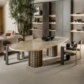 Elegant Shake Vogue table with oval beige marble top and varnished steel with solid ash wood base