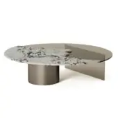Distinguished Shake Capri coffee table with honed white marble and tempered glass top supported by a muted metallic cylindrical base