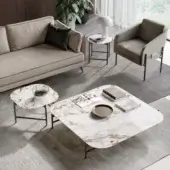 Distinguished Dallagnese Supernova Square coffee table with stoneware top displaying grey and gold veins and slender black metal base