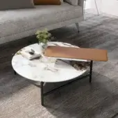Superior Dallagnese Supernova coffee table with white marble effect top, gold veining and matte brown leather swivel tray