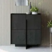 Distinctive Dallagnese Katana cupboard with dark gray wood and a metal base, showcasing glass shelves behind hinged doors