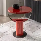 Distinguished Shake Loop side table with vibrant red cylindrical form and dark gray varnished steel base crafted from solid ash wood