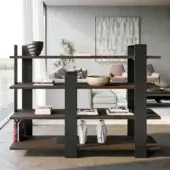 Architectural Dallagnese Kyoto bookcase with dark brown wood and dark gray metal in a satin finish