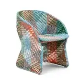 Distinctive Varaschin Maat armchair with curved form and open-weave design crafted in powder-coated aluminum with vibrant blue, orange, green, and white synthetic fiber