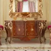 Distinguished Modenese Rubino Delight sideboard crafted in reddish-brown with exquisite inlays and ornate gold leaf carvings