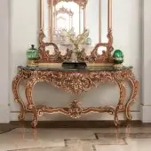 Lavish Modenese Royal Blend console crafted in walnut with gold leaf detailing and dark green marble