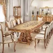 Superior Modenese Royal Blend table crafted in wood with floral inlays, lustrous finish and elegant gold accents