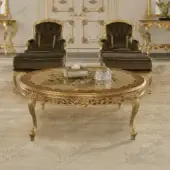 Distinguished Modenese Royal Blend coffee table crafted with wood and marble, exhibiting gold finish with delicate wood inlays
