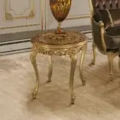 Exquisite Modenese Royal Blend side table with floral inlaid wood and hand-carved gilded detailing in a glossy golden tone