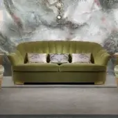 Distinguished Zanaboni Broadway sofa with olive green velvet upholstery and a subtle metallic accent base