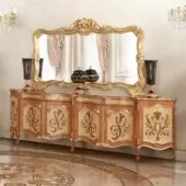 Distinguished Modenese Royal Blend sideboard crafted in reddish-brown wood with gold leaf detailing and carved floral motifs