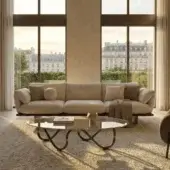 Distinguished Borzalino Connor sofa upholstered in matte neutral beige textile with a dark-toned base crafted in Italy