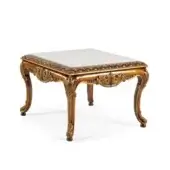Distinguished Zanaboni T128/S side table crafted in solid wood with Gold Walnut finish and light-colored stone tabletop exhibiting gold detailing