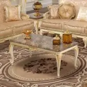 Distinguished Modenese Midnight Moon coffee table crafted with marble and intricately carved white wood with gold accents