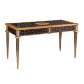 Distinguished Zanaboni T184 desk crafted in Italy with hardwood and gold detailing, exhibiting glossy tabletop with satin legs