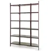 Architectural Borzalino Petra bookcase with reddish-brown wood and subtly curved gray-tinted transparent tempered glass shelves in a satin finish
