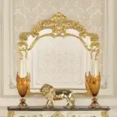 Exquisite Modenese Midnight Moon mirror crafted in Italy with floral motifs and glossy gold-colored wood finish