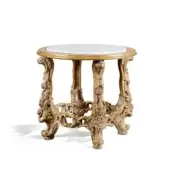 Distinguished Zanaboni Vienna side table with marble top and exquisitely detailed wooden structure finished in antique decapé with gold details