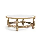 Lavish Zanaboni Vienna coffee table crafted with marble and wood, exhibiting hand-carved floral motifs in antique pickled finish