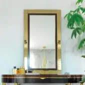 Elegant Zanaboni A/300-MR mirror crafted in glass with ebony wood and golden metallic coating exhibiting a layered effect