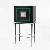 Elegant Zanaboni B/5080 bar cabinet crafted in dark ebony wood with malachite stone inlay and luminous frosted glass accents