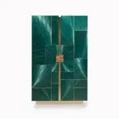 Exceptional Zanaboni B/5380 cupboard crafted in petrol straw with brass inlays, horn-enriched handle and polished eucalyptus wood interior