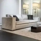 Meticulous Zanaboni Brera sofa crafted in light grey textile with embroidered vertical bands and semi-gloss ebony finish