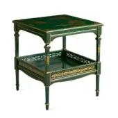 Superior Zanaboni T165/S side table with wooden structure, emerald green finish and hand-painted golden landscapes with floral motifs