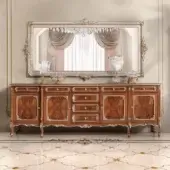Lavish Modenese Noble Etiquette sideboard crafted in figured burl veneer with silver-gilded details and glossy medium-brown finish