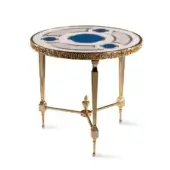 Distinguished Zanaboni T195/S side table with brass structure and luminous mother-of-pearl tabletop with intricate brass inlay and glossy gold finish