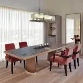 Distinguished Bellavista Boulle dining table with walnut and oak veneered Italian poplar, refined brass details and luminous Carrara marble accents