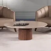 Sophisticated Zanaboni Babylon coffee table with a circular marble top and satin ash wood base in bronzed metal