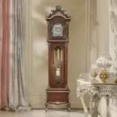 Architectural Modenese Noble Etiquette grandfather clock in warm brown tones with elaborate floral carvings and glossy finish