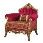 Red velvet with capitonné buttons, and red and gold damask fabric