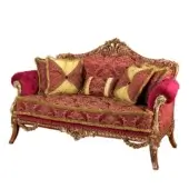 Red velvet with capitonné buttons, and red and gold damask fabric
