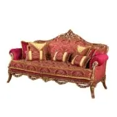 Red velvet with capitonné buttons, and red and gold damask fabric