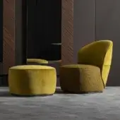 Superior Zanaboni Alma lounge chair and pouf in golden yellow velvet or chenille with gray-stained ash wood base