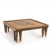 Lavish Armando Rho A1431 coffee table crafted in walnut and oak wood with multicolor mother-of-pearl inlays and gilded satin finish
