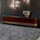 Elegant Zanaboni Alma Decor TV stand crafted with glossy striped rosewood, antique bronze finish and a marble top
