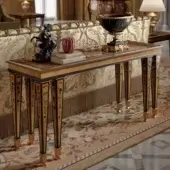 Distinguished Armando Rho A1433 console crafted in walnut and oak wood with multicolor mother-of-pearl inlays and gilded details, showcasing satin and glossy finish