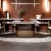 Distinguished Zanaboni Alma Decor table crafted in silver Paradiso marble with glossy striped rosewood and CGB426 antique bronze grainy finish metal