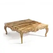 Distinguished Armando Rho A1363 coffee table with light cherry wood, gold leaf accents and a yellow-beige-olive marble top