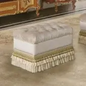 Distinguished Modenese Royal Blend ottoman in white velvet with rounded corners and gold-toned fringe