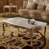 Distinguished Armando Rho A1410 coffee table with French Louis XV–style design in natural oak and marble, enhanced by gold leaf accents