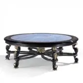 Exquisite Armando Rho A1385 coffee table with dark ebony wood, marble insert and black distressed base enriched with antique silver leaf