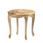 Elegant Armando Rho A1375 side table with gracefully curved frame, gold leaf and red antique accents, plus refined marble tabletop