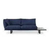 Superior Borzalino Connor sofa with deep blue textile upholstery, channeled down feather quilting and solid oak legs