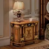 Exquisite Armando Rho A1418 nightstand crafted in walnut Persian burl, cherry wood, and amaranth with a glossy finish